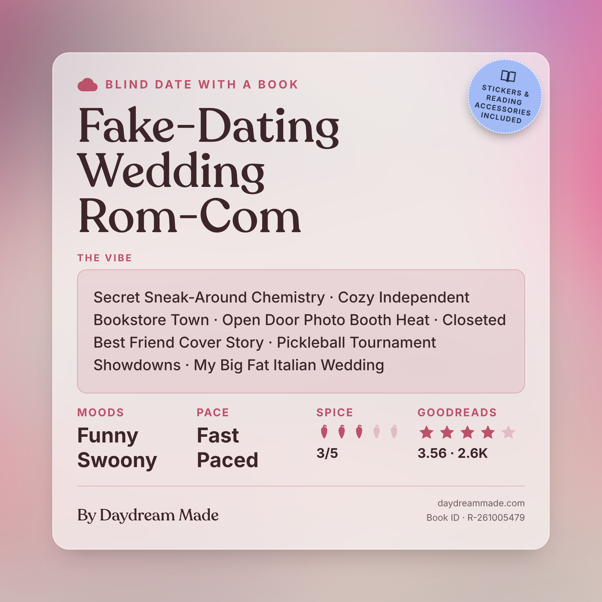 Blind Date With A Book that includes the following themes: Fake-Dating Wedding Rom-Com, Secret Sneak-Around Chemistry, Cozy Independent Bookstore Town, Open Door Photo Booth Heat, Closeted Best Friend Cover Story, Pickleball Tournament Showdowns, My Big Fat Italian Wedding