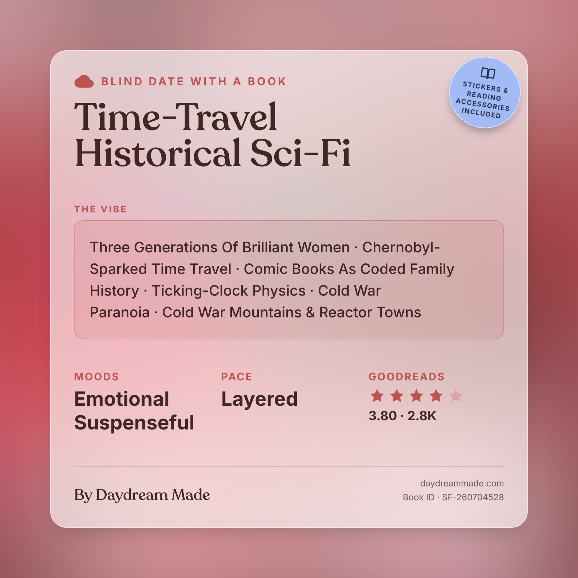 Blind Date With A Book that includes the following themes: Time-Travel Historical Sci-Fi, Three Generations Of Brilliant Women, Chernobyl-Sparked Time Travel, Comic Books As Coded Family History, Ticking-Clock Physics, Cold War Paranoia, Cold War Mountains & Reactor Towns