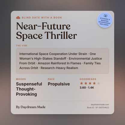 Blind Date With A Book that includes the following themes: Near-Future Space Thriller, International Space Cooperation Under Strain, One Woman's High-Stakes Standoff, Environmental Justice From Orbit, Amazon Rainforest In Flames, Family Ties Across Orbit, Research-Heavy Realism