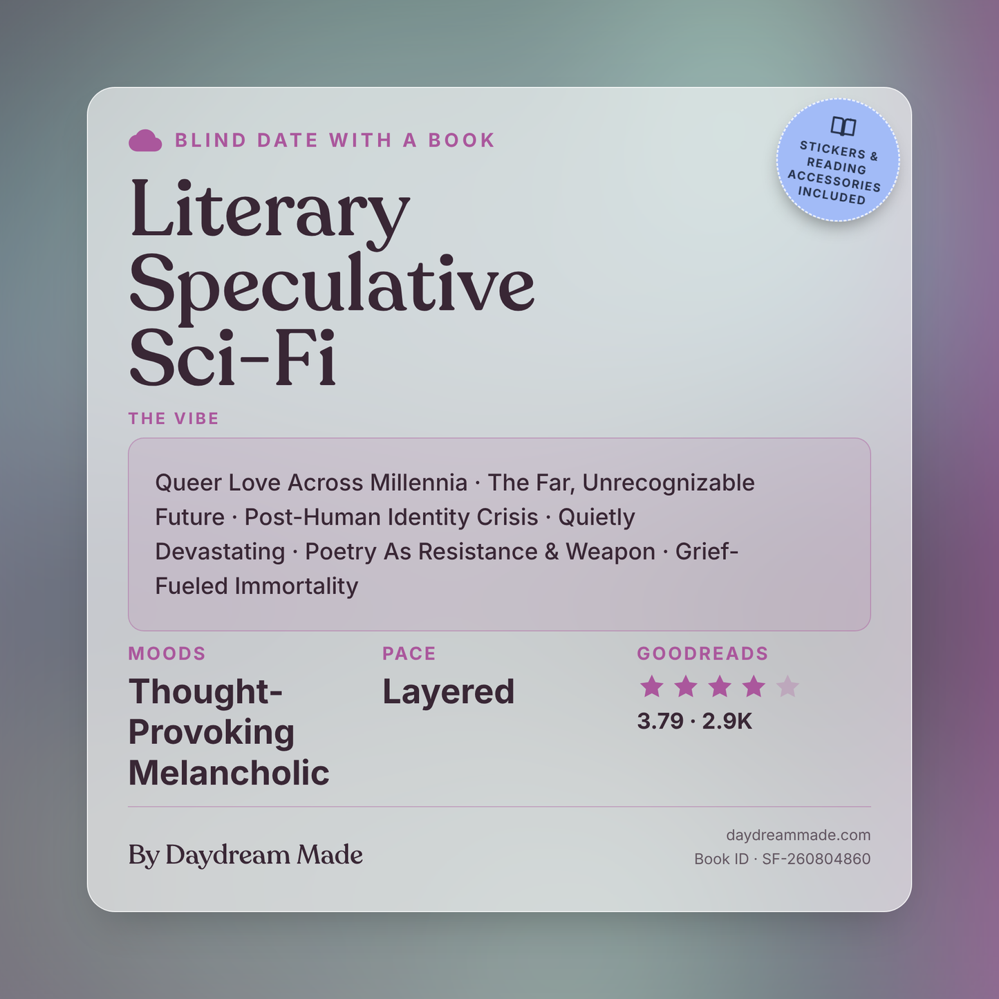 Blind Date With A Book that includes the following themes: Literary Speculative Sci-Fi, Queer Love Across Millennia, The Far, Unrecognizable Future, Post-Human Identity Crisis, Quietly Devastating, Poetry As Resistance & Weapon, Grief-Fueled Immortality