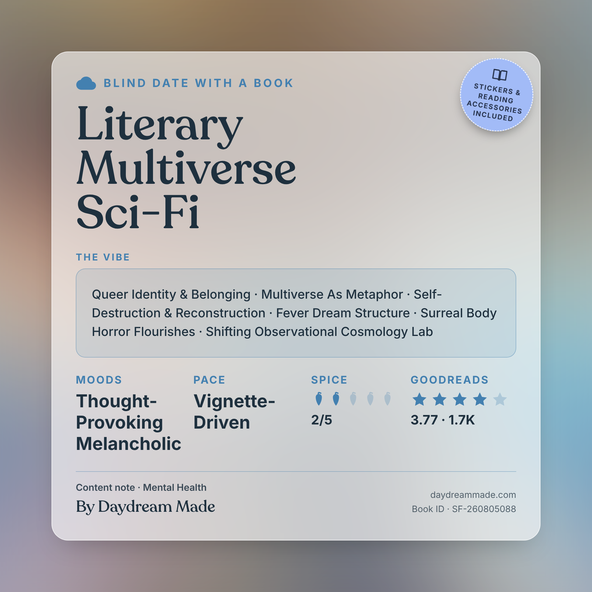 Blind Date With A Book that includes the following themes: Literary Multiverse Sci-Fi, Queer Identity & Belonging, Multiverse As Metaphor, Self-Destruction & Reconstruction, Fever Dream Structure, Surreal Body Horror Flourishes, Shifting Observational Cosmology Lab