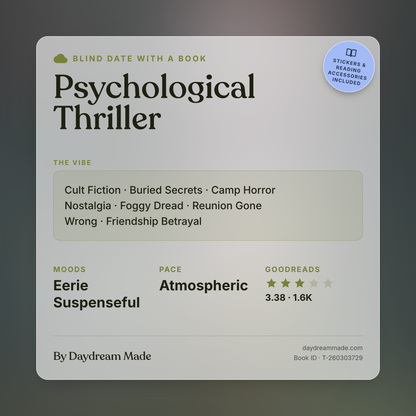 Blind Date With A Book that includes the following themes: Psychological Thriller, Cult Fiction, Buried Secrets, Camp Horror Nostalgia, Foggy Dread, Reunion Gone Wrong, Friendship Betrayal