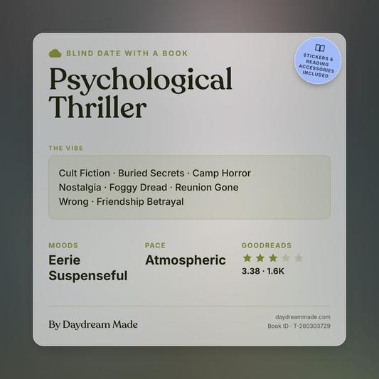Blind Date With A Book that includes the following themes: Psychological Thriller, Cult Fiction, Buried Secrets, Camp Horror Nostalgia, Foggy Dread, Reunion Gone Wrong, Friendship Betrayal