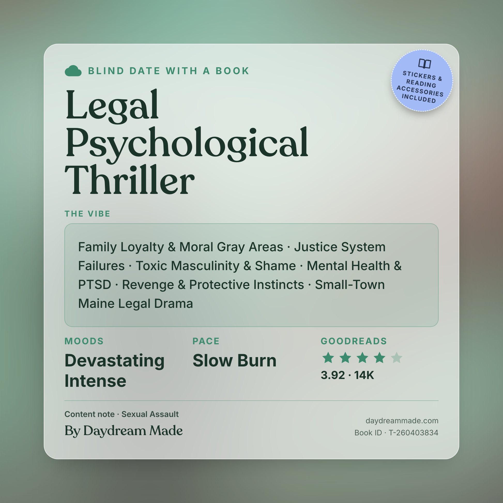 Blind Date With A Book that includes the following themes: Legal Psychological Thriller, Family Loyalty & Moral Gray Areas, Justice System Failures, Toxic Masculinity & Shame, Mental Health & PTSD, Revenge & Protective Instincts, Small-Town Maine Legal Drama