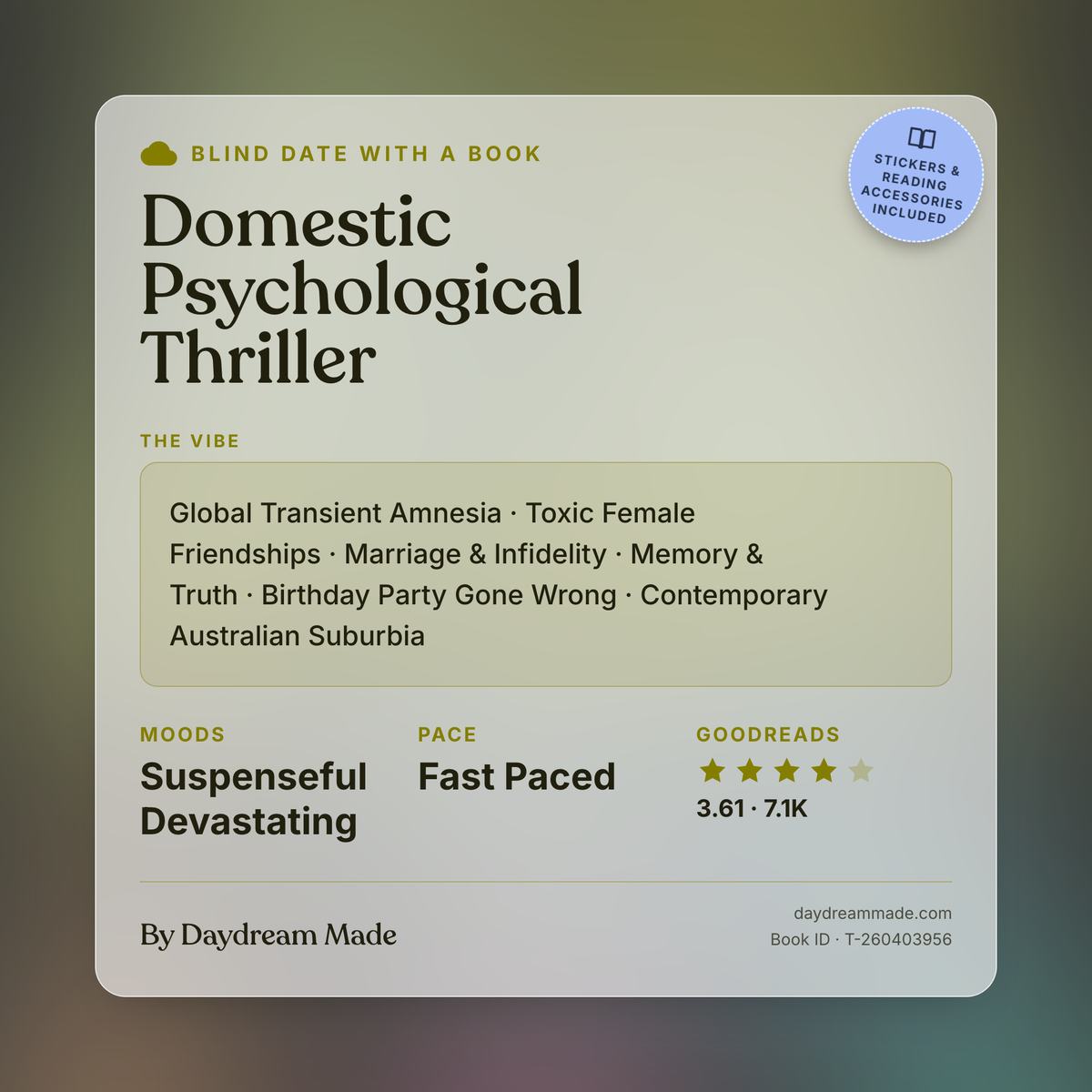 Blind Date With A Book that includes the following themes: Domestic Psychological Thriller, Global Transient Amnesia, Toxic Female Friendships, Marriage & Infidelity, Memory & Truth, Birthday Party Gone Wrong, Contemporary Australian Suburbia