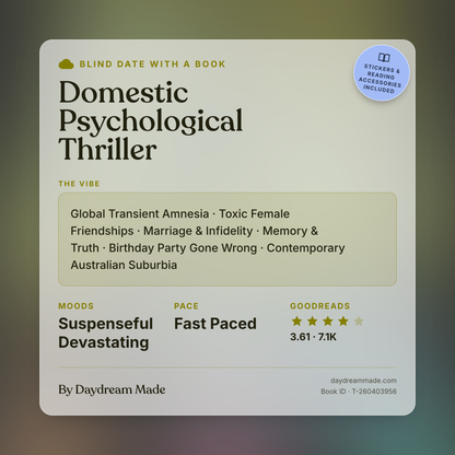 Blind Date With A Book that includes the following themes: Domestic Psychological Thriller, Global Transient Amnesia, Toxic Female Friendships, Marriage & Infidelity, Memory & Truth, Birthday Party Gone Wrong, Contemporary Australian Suburbia