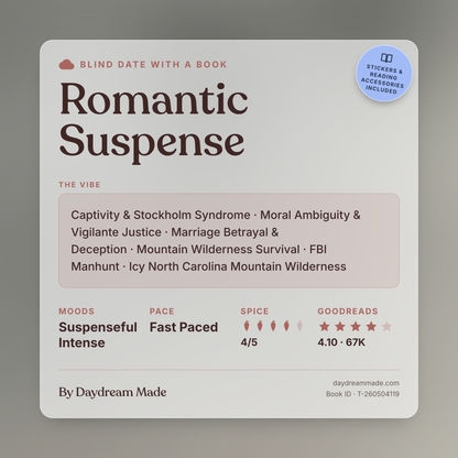 Blind Date With A Book that includes the following themes: Romantic Suspense, Captivity & Stockholm Syndrome, Moral Ambiguity & Vigilante Justice, Marriage Betrayal & Deception, Mountain Wilderness Survival, FBI Manhunt, Icy North Carolina Mountain Wilderness