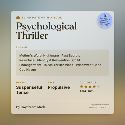 Blind Date With A Book that includes the following themes: Psychological Thriller, Mother's Worst Nightmare, Past Secrets Resurface, Identity & Reinvention, Child Endangerment, 1970s Thriller Vibes, Windswept Cape Cod Haven