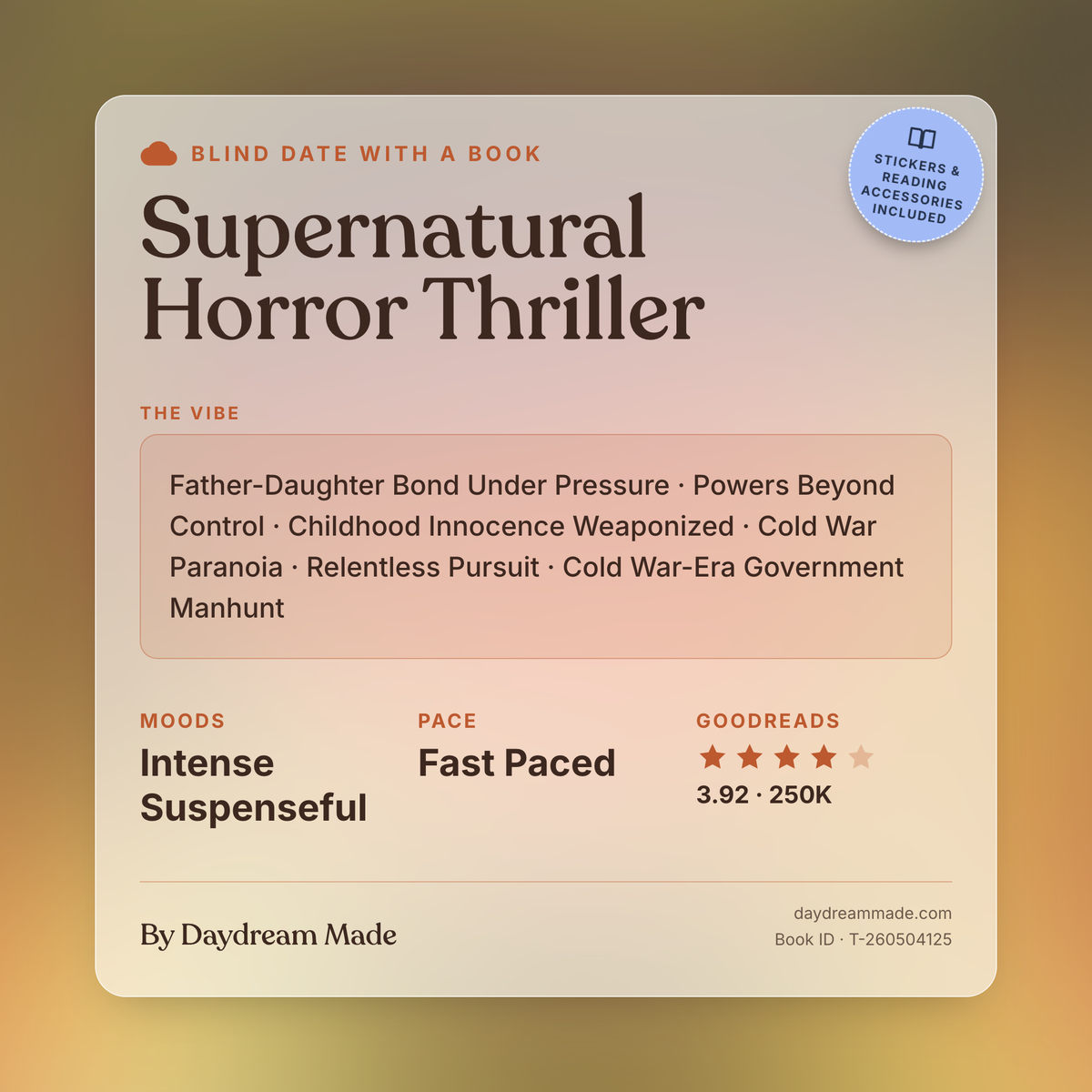 Blind Date With A Book that includes the following themes: Supernatural Horror Thriller, Father-Daughter Bond Under Pressure, Powers Beyond Control, Childhood Innocence Weaponized, Cold War Paranoia, Relentless Pursuit, Cold War-Era Government Manhunt