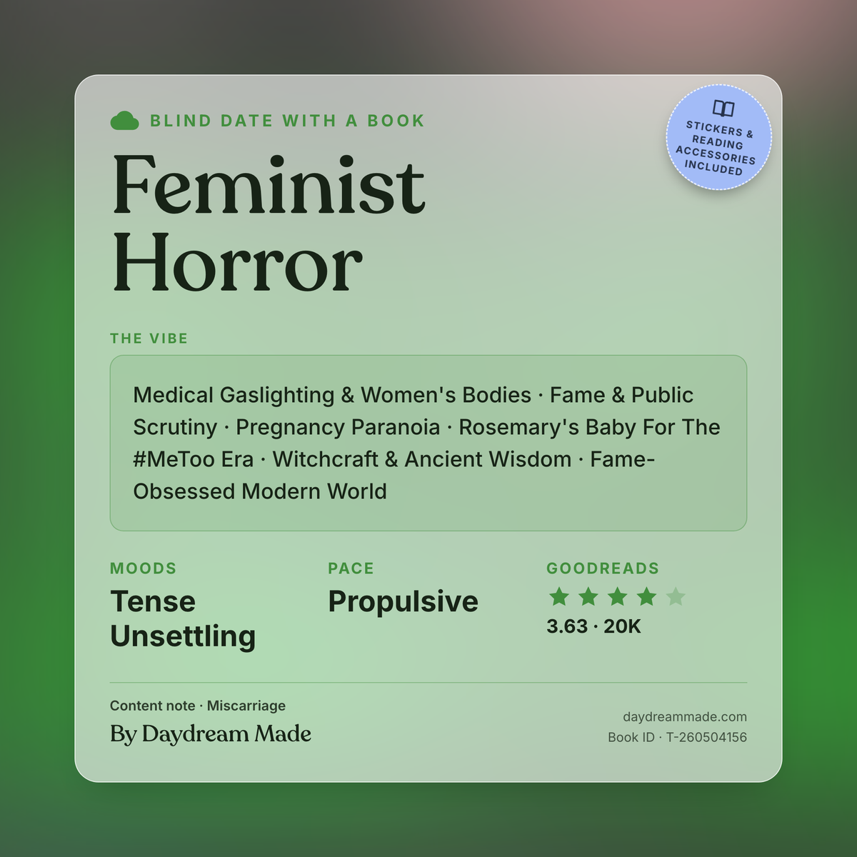 Blind Date With A Book that includes the following themes: Feminist Horror, Medical Gaslighting & Women's Bodies, Fame & Public Scrutiny, Pregnancy Paranoia, Rosemary's Baby For The #MeToo Era, Witchcraft & Ancient Wisdom, Fame-Obsessed Modern World