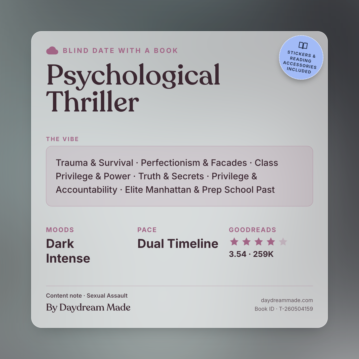 Blind Date With A Book that includes the following themes: Psychological Thriller, Trauma & Survival, Perfectionism & Facades, Class Privilege & Power, Truth & Secrets, Privilege & Accountability, Elite Manhattan & Prep School Past