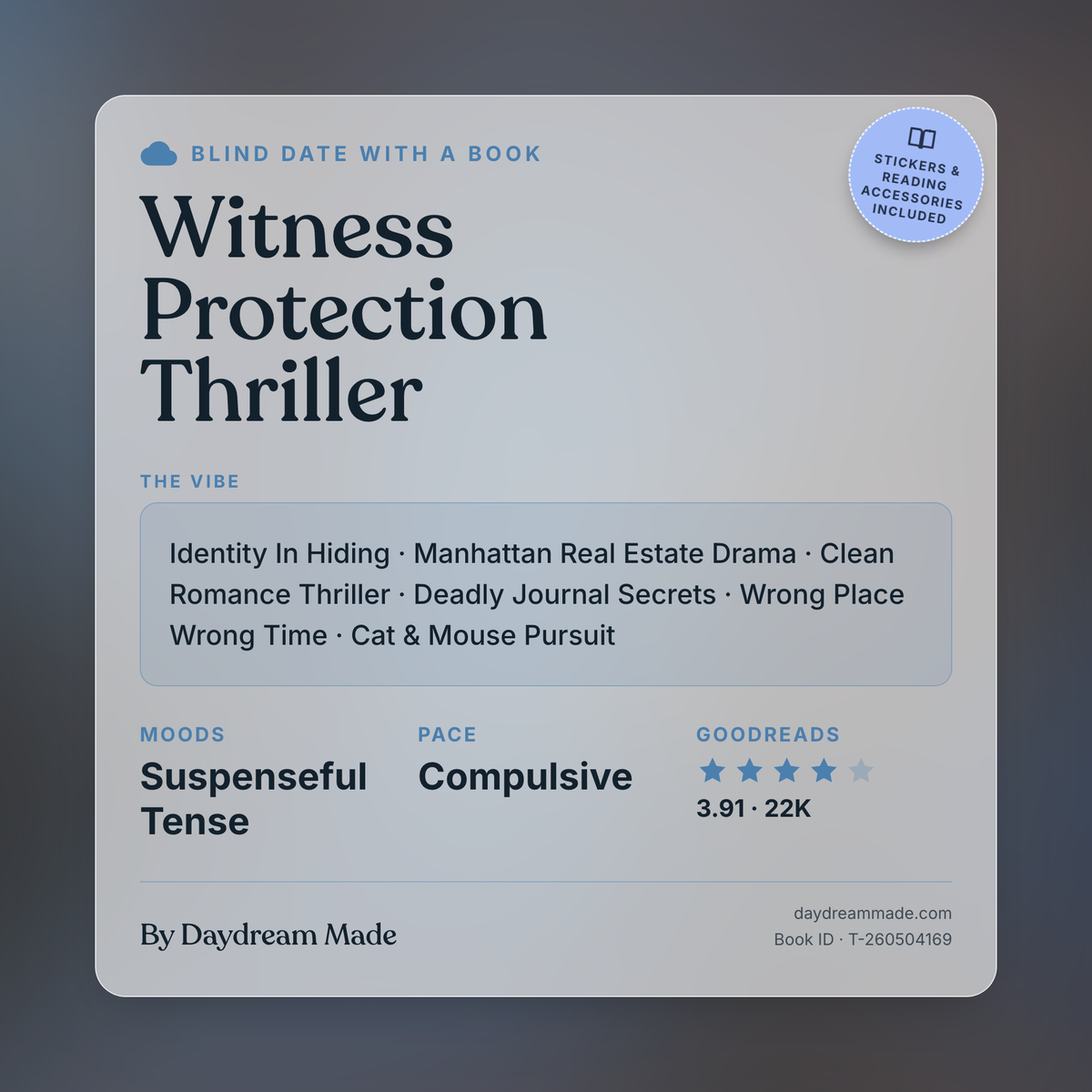 Blind Date With A Book that includes the following themes: Witness Protection Thriller, Identity In Hiding, Manhattan Real Estate Drama, Clean Romance Thriller, Deadly Journal Secrets, Wrong Place Wrong Time, Cat & Mouse Pursuit