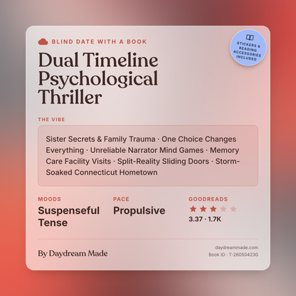 Blind Date With A Book that includes the following themes: Dual Timeline Psychological Thriller, Sister Secrets & Family Trauma, One Choice Changes Everything, Unreliable Narrator Mind Games, Memory Care Facility Visits, Split-Reality Sliding Doors, Storm-Soaked Connecticut Hometown