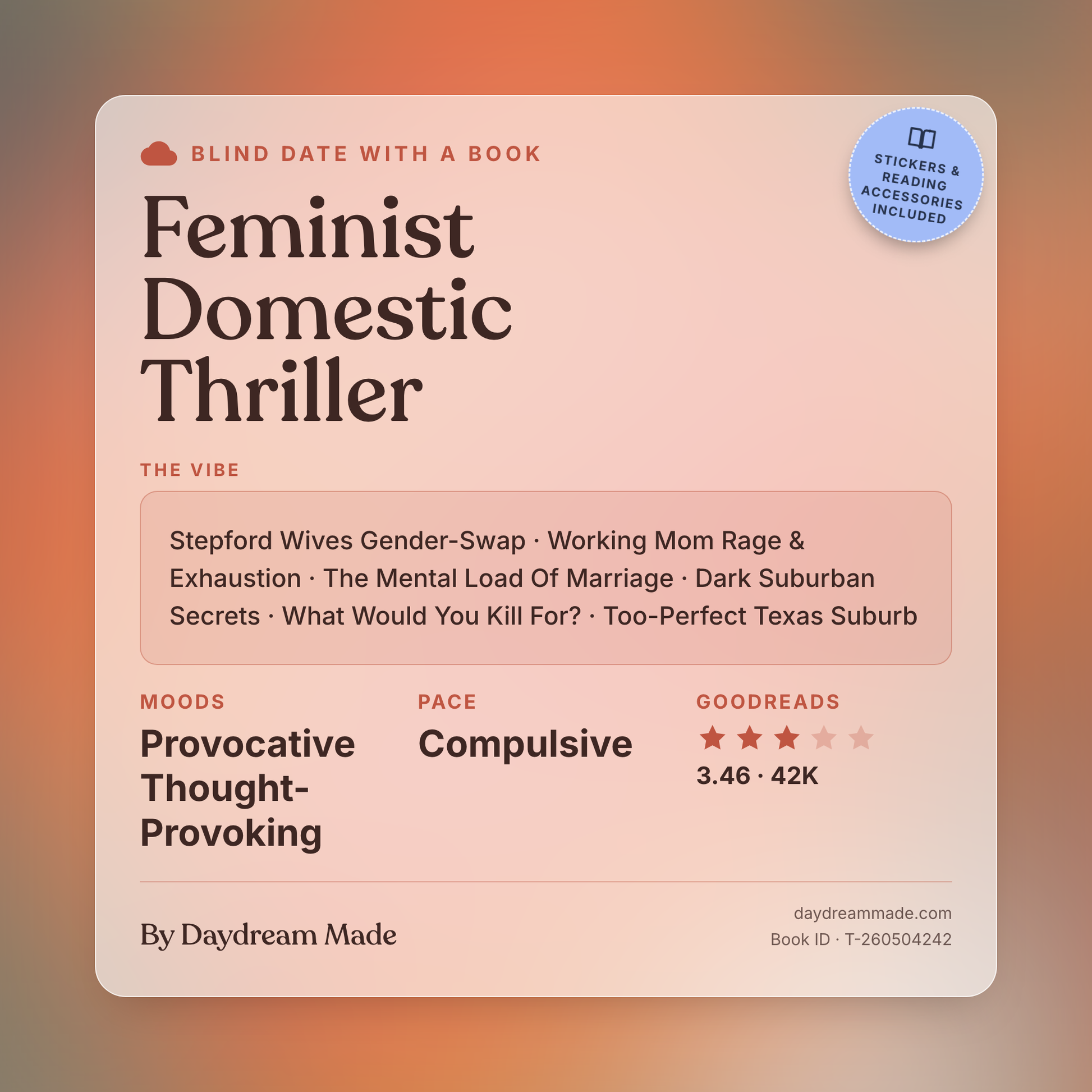 Blind Date With A Book that includes the following themes: Feminist Domestic Thriller, Stepford Wives Gender-Swap, Working Mom Rage & Exhaustion, The Mental Load Of Marriage, Dark Suburban Secrets, What Would You Kill For?, Too-Perfect Texas Suburb