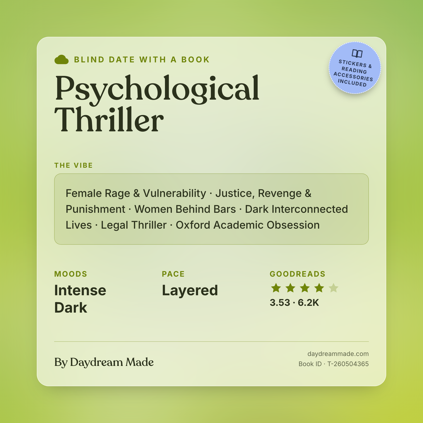 Blind Date With A Book that includes the following themes: Psychological Thriller, Female Rage & Vulnerability, Justice, Revenge & Punishment, Women Behind Bars, Dark Interconnected Lives, Legal Thriller, Oxford Academic Obsession