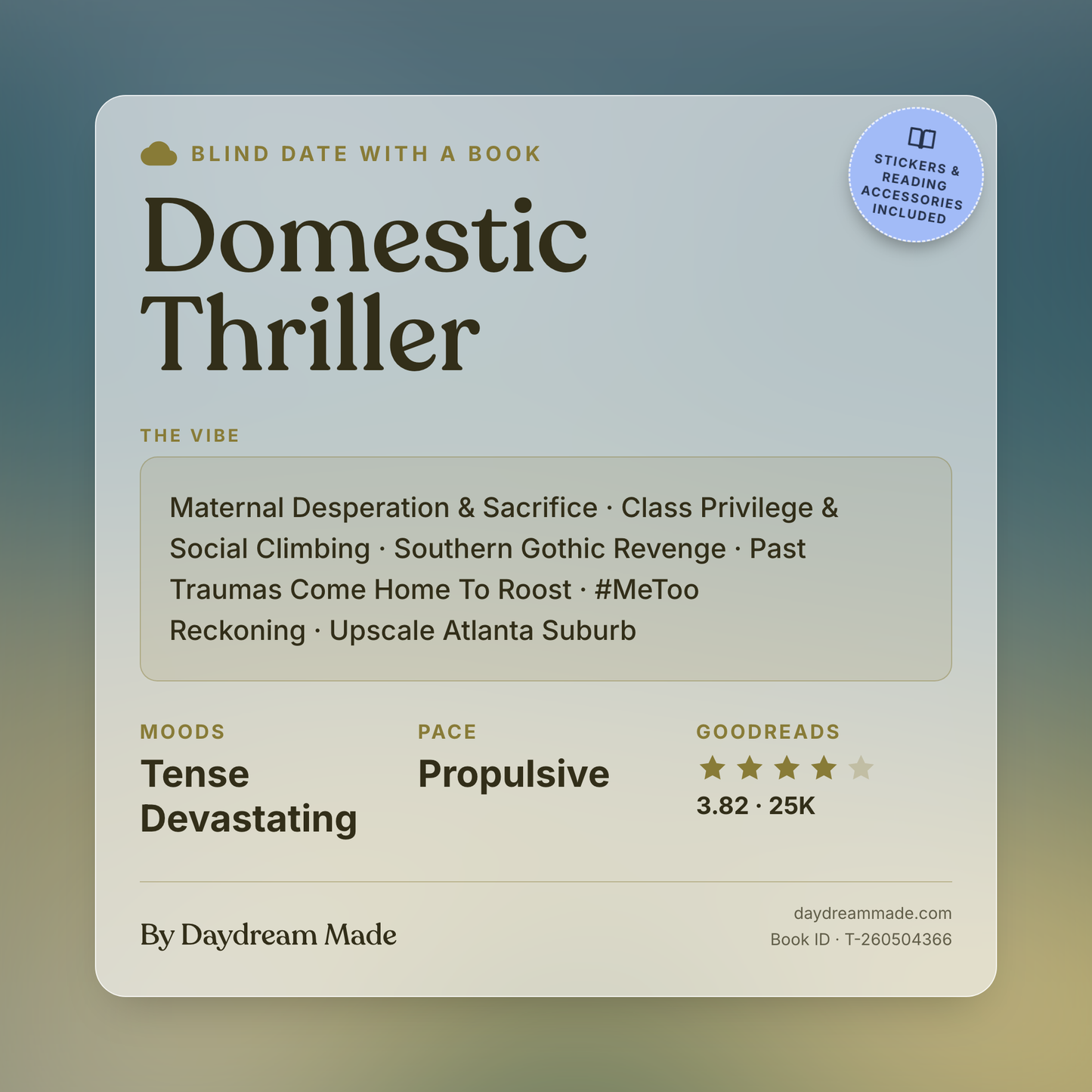 Blind Date With A Book that includes the following themes: Domestic Thriller, Maternal Desperation & Sacrifice, Class Privilege & Social Climbing, Southern Gothic Revenge, Past Traumas Come Home To Roost, #MeToo Reckoning, Upscale Atlanta Suburb