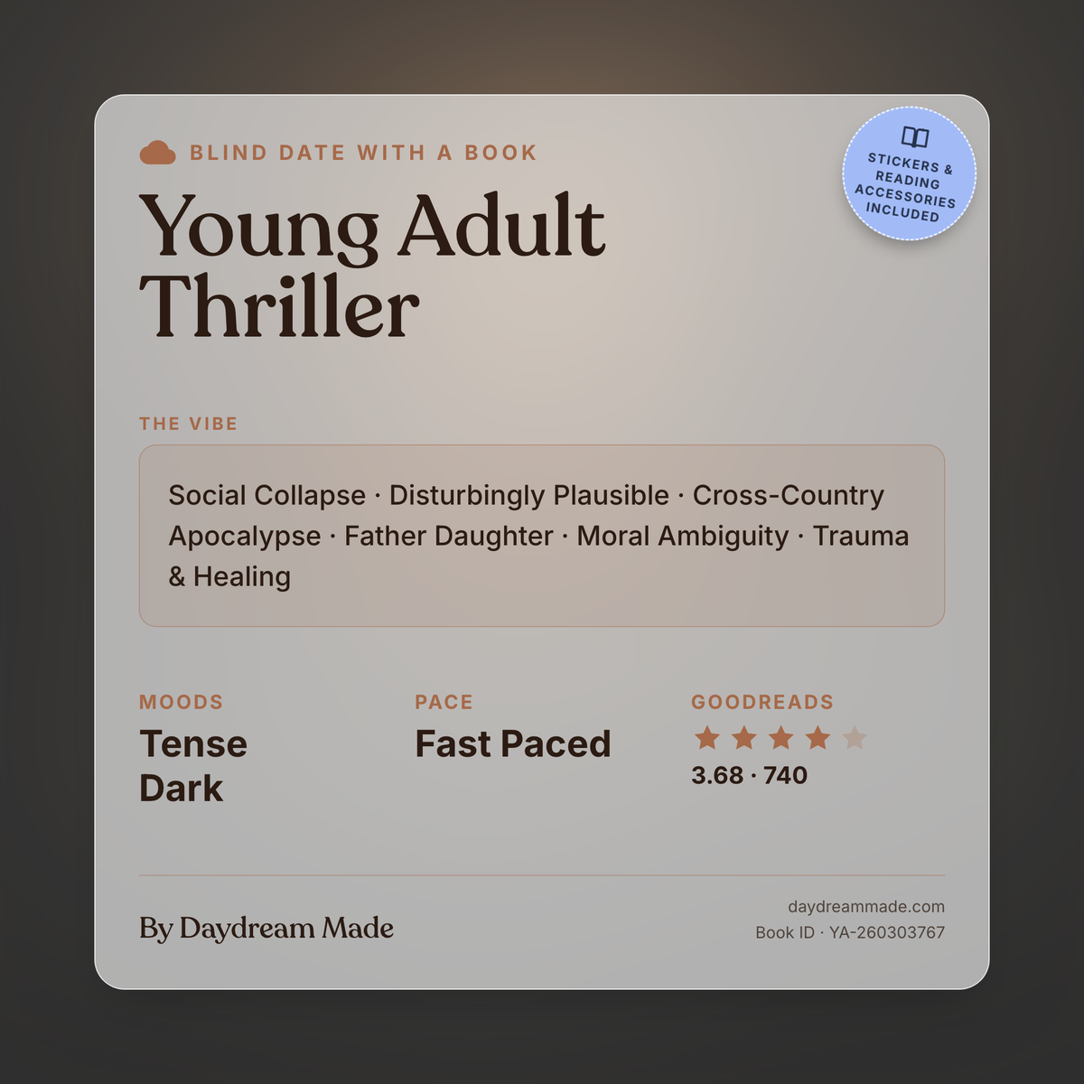 Blind Date With A Book that includes the following themes: Young Adult Thriller, Social Collapse, Disturbingly Plausible, Cross-Country Apocalypse, Father Daughter, Moral Ambiguity, Trauma & Healing