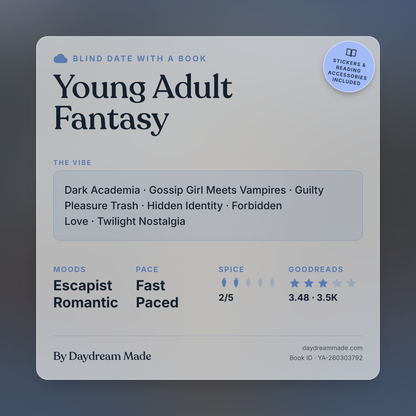 Blind Date With A Book that includes the following themes: Young Adult Fantasy, Dark Academia, Gossip Girl Meets Vampires, Guilty Pleasure Trash, Hidden Identity, Forbidden Love, Twilight Nostalgia