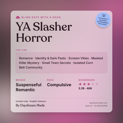Blind Date With A Book that includes the following themes: YA Slasher Horror, Romance, Identity & Dark Pasts, Scream Vibes, Masked Killer Mystery, Small Town Secrets, Isolated Corn Belt Community