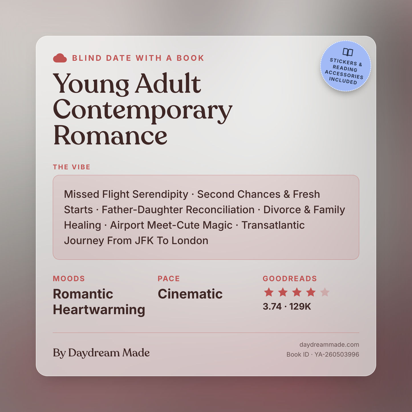 Blind Date With A Book that includes the following themes: Young Adult Contemporary Romance, Missed Flight Serendipity, Second Chances & Fresh Starts, Father-Daughter Reconciliation, Divorce & Family Healing, Airport Meet-Cute Magic, Transatlantic Journey From JFK To London
