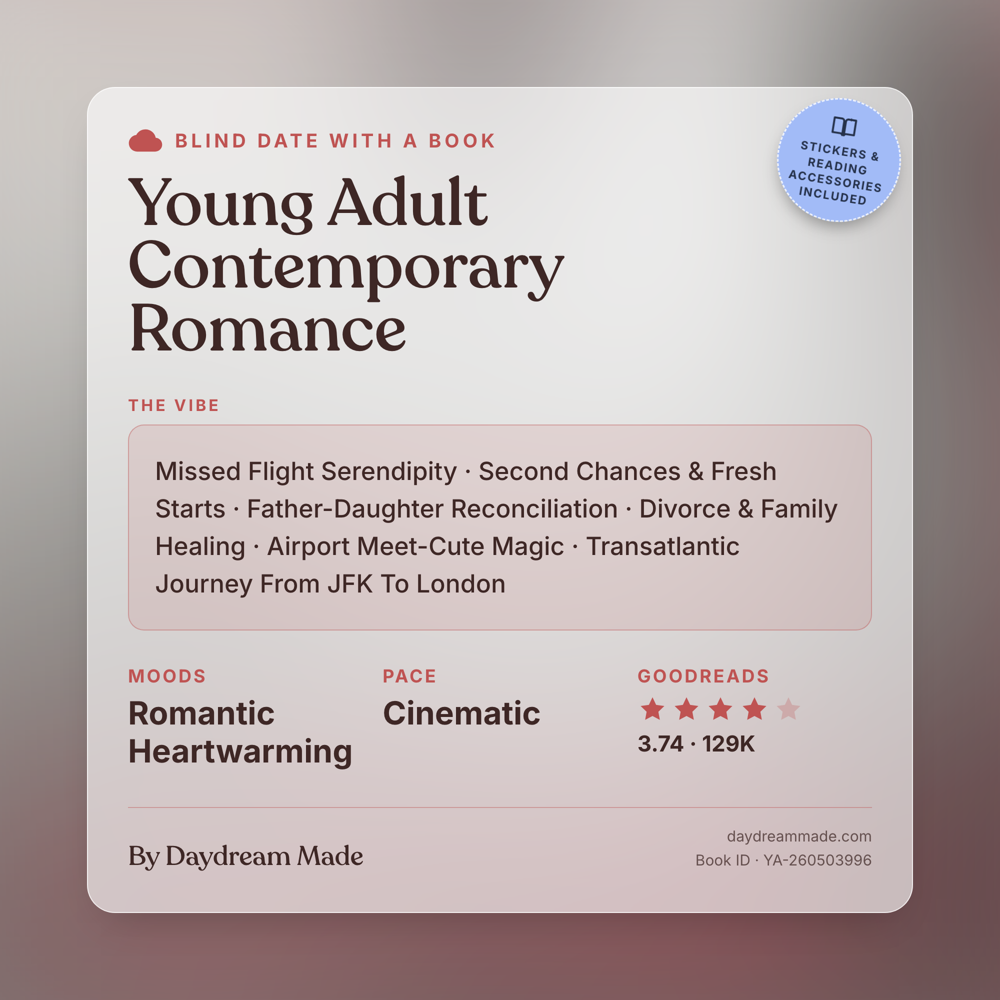 Blind Date With A Book that includes the following themes: Young Adult Contemporary Romance, Missed Flight Serendipity, Second Chances & Fresh Starts, Father-Daughter Reconciliation, Divorce & Family Healing, Airport Meet-Cute Magic, Transatlantic Journey From JFK To London