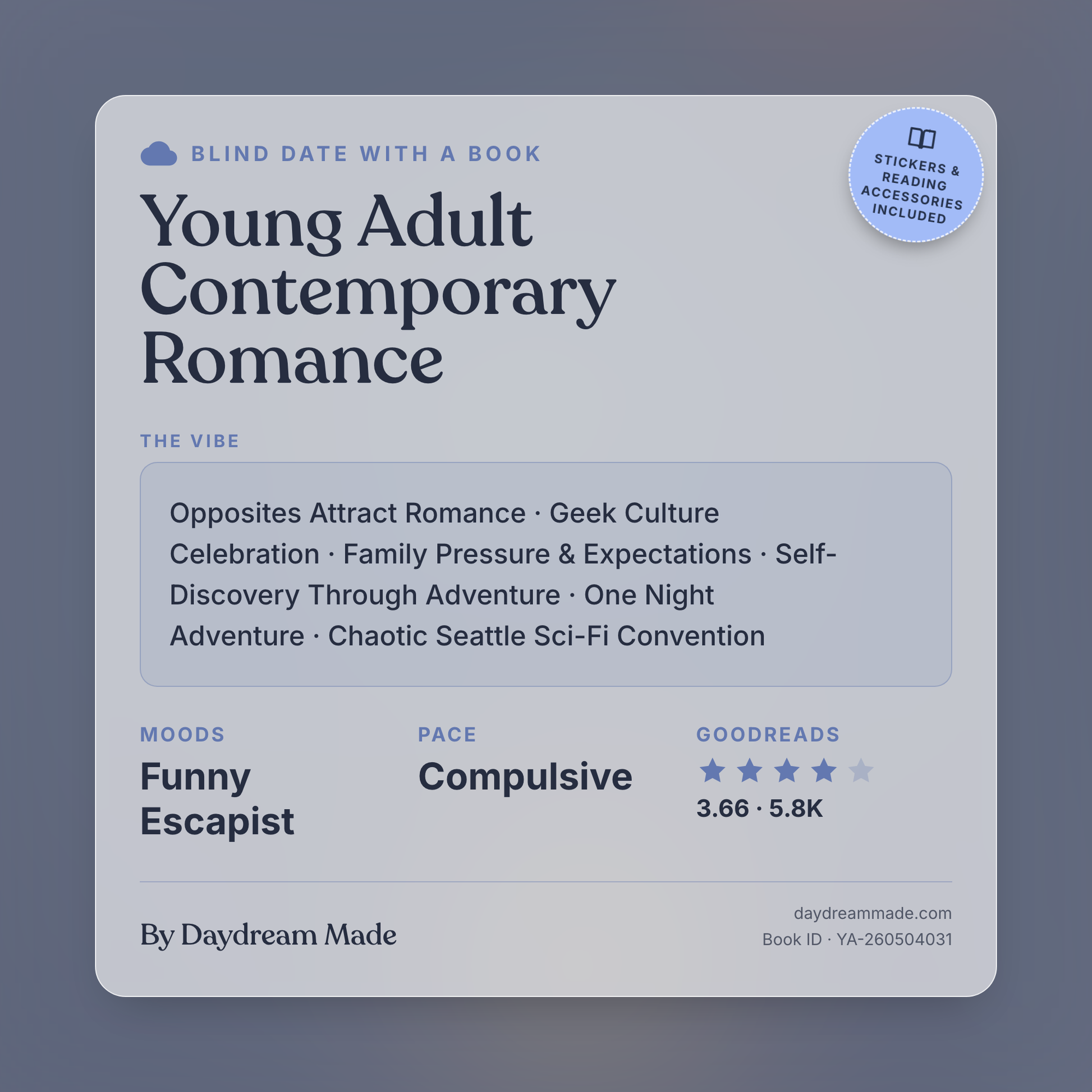 Blind Date With A Book that includes the following themes: Young Adult Contemporary Romance, Opposites Attract Romance, Geek Culture Celebration, Family Pressure & Expectations, Self-Discovery Through Adventure, One Night Adventure, Chaotic Seattle Sci-Fi Convention