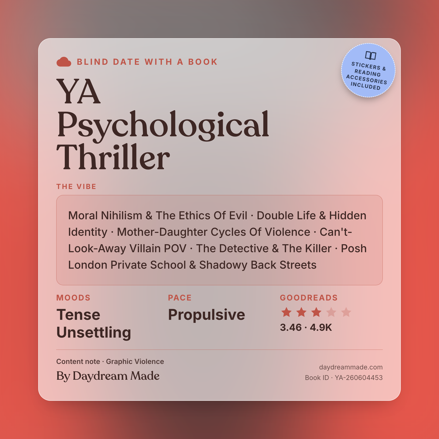 Blind Date With A Book that includes the following themes: YA Psychological Thriller, Moral Nihilism & The Ethics Of Evil, Double Life & Hidden Identity, Mother-Daughter Cycles Of Violence, Can't-Look-Away Villain POV, The Detective & The Killer, Posh London Private School & Shadowy Back Streets
