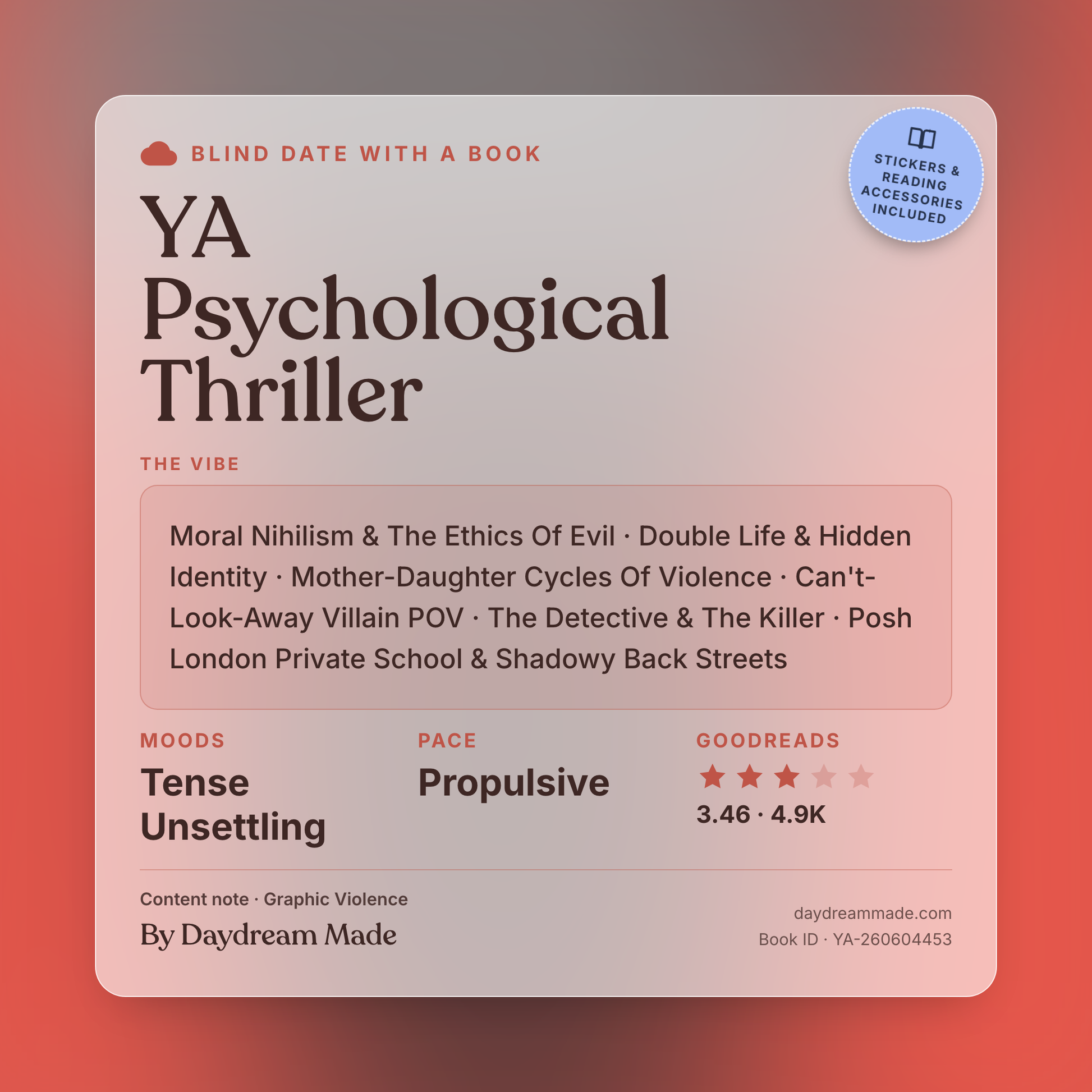 Blind Date With A Book that includes the following themes: YA Psychological Thriller, Moral Nihilism & The Ethics Of Evil, Double Life & Hidden Identity, Mother-Daughter Cycles Of Violence, Can't-Look-Away Villain POV, The Detective & The Killer, Posh London Private School & Shadowy Back Streets