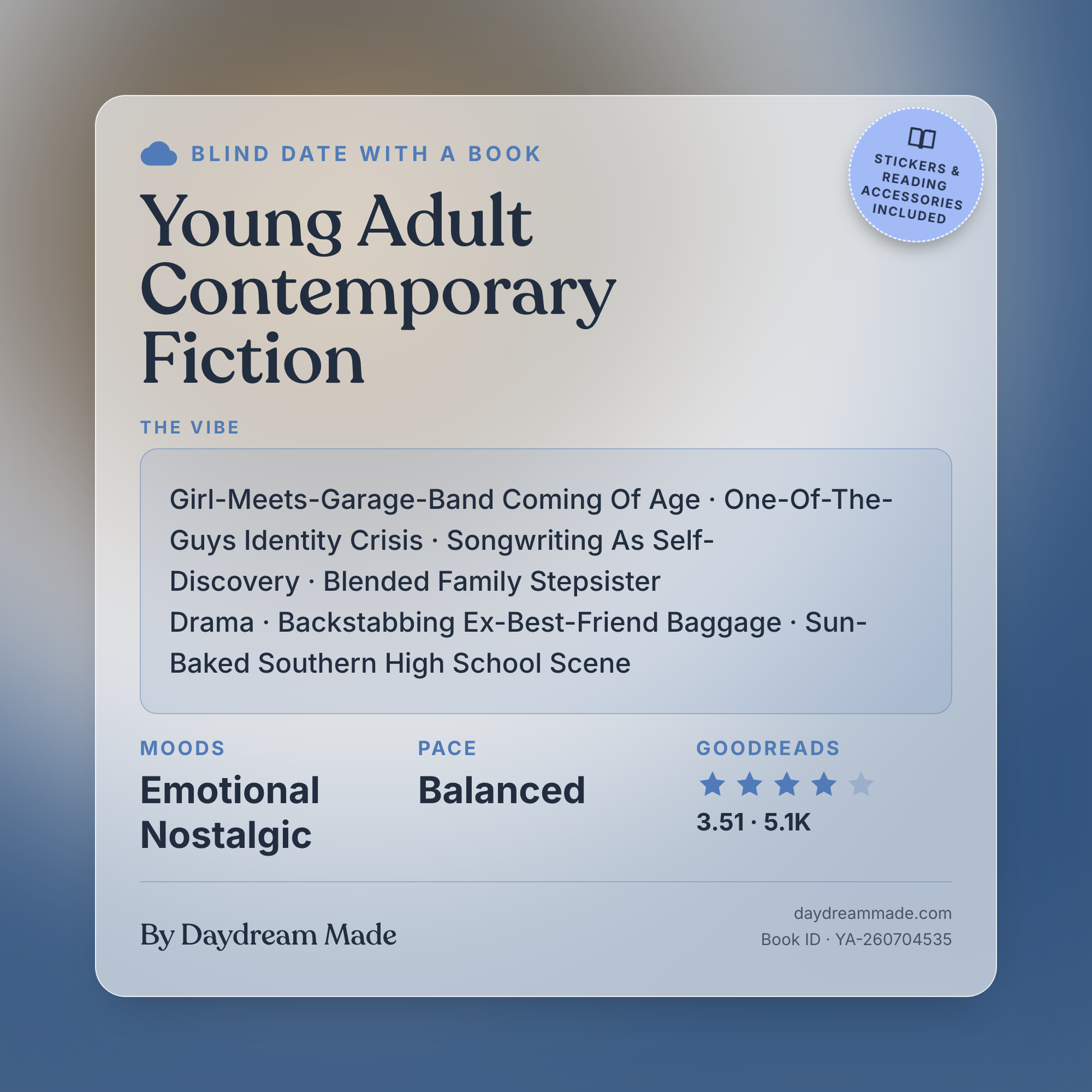 Blind Date With A Book that includes the following themes: Young Adult Contemporary Fiction, Girl-Meets-Garage-Band Coming Of Age, One-Of-The-Guys Identity Crisis, Songwriting As Self-Discovery, Blended Family Stepsister Drama, Backstabbing Ex-Best-Friend Baggage, Sun-Baked Southern High School Scene