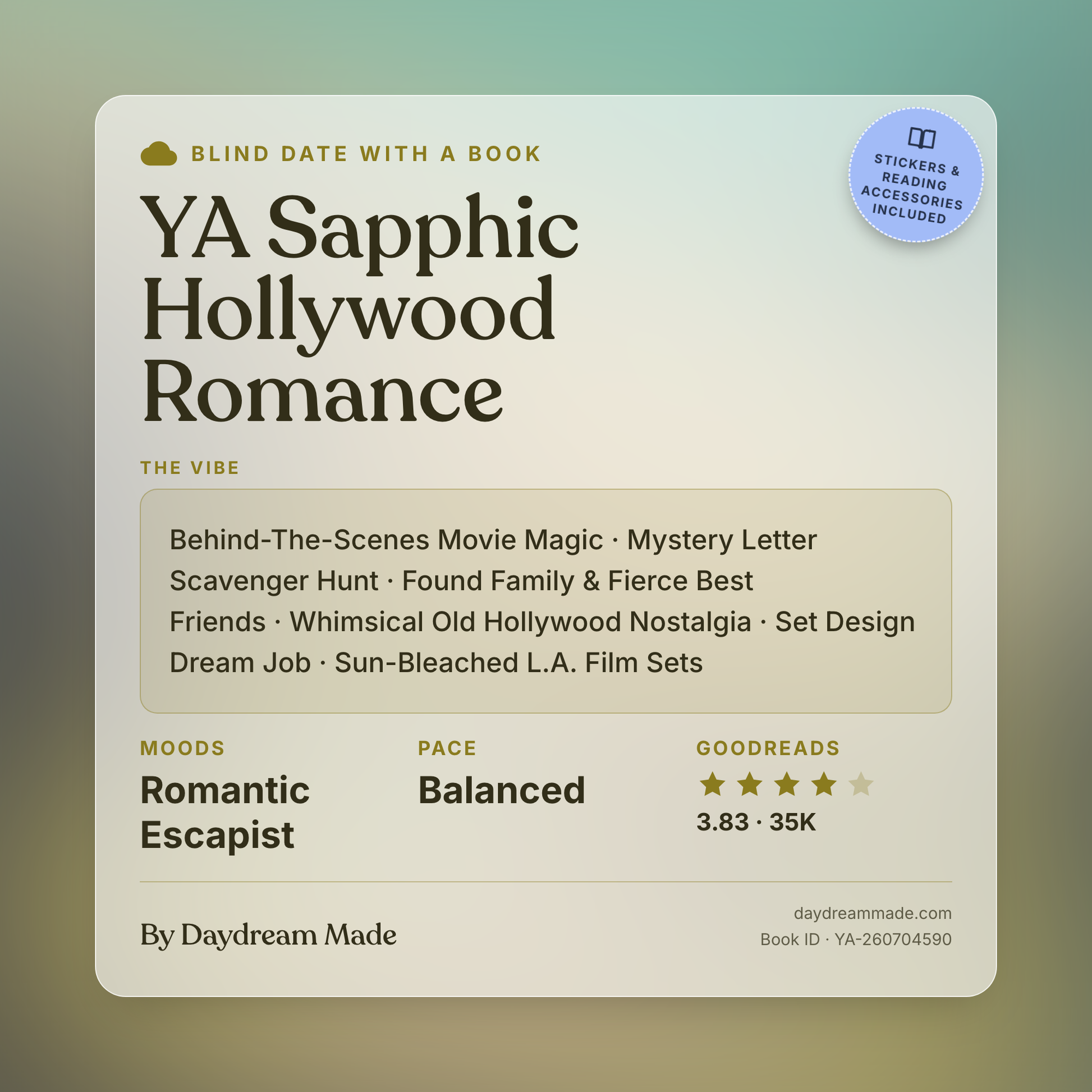 Blind Date With A Book that includes the following themes: YA Sapphic Hollywood Romance, Behind-The-Scenes Movie Magic, Mystery Letter Scavenger Hunt, Found Family & Fierce Best Friends, Whimsical Old Hollywood Nostalgia, Set Design Dream Job, Sun-Bleached L.A. Film Sets