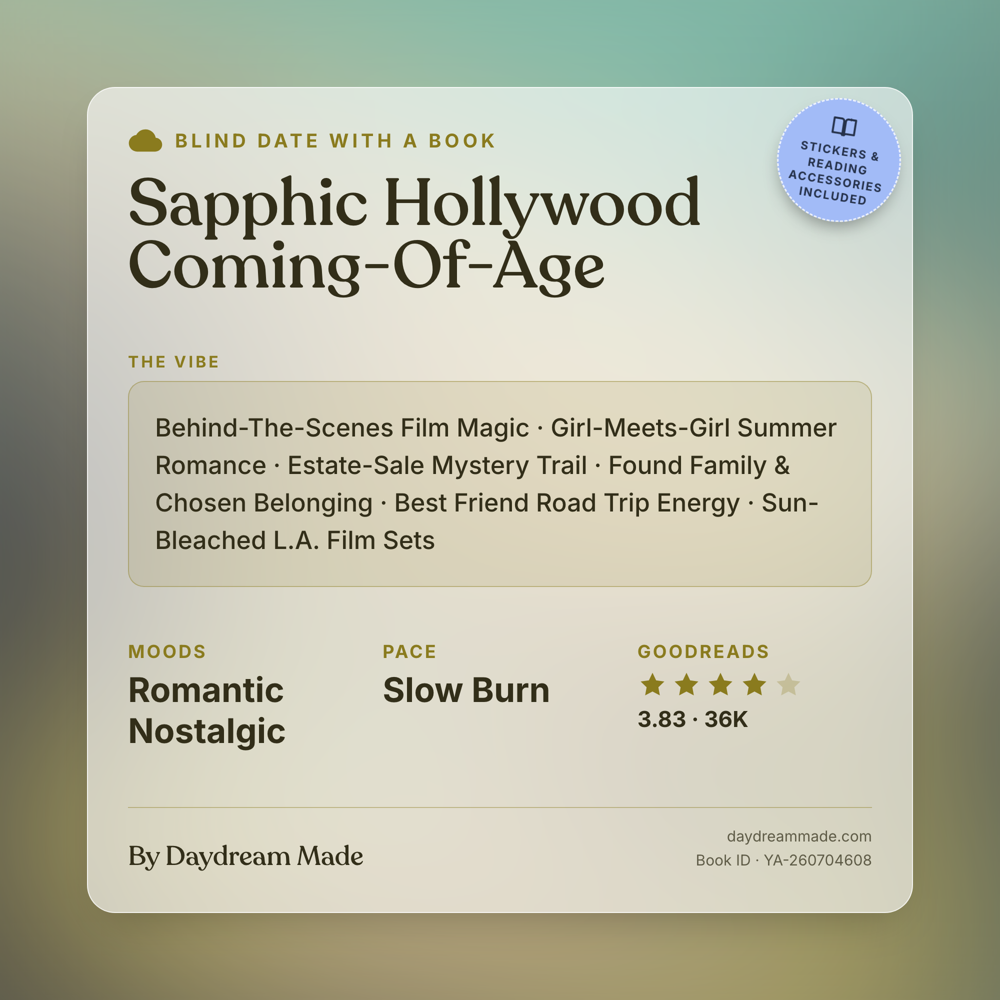 Blind Date With A Book that includes the following themes: Sapphic Hollywood Coming-Of-Age, Behind-The-Scenes Film Magic, Girl-Meets-Girl Summer Romance, Estate-Sale Mystery Trail, Found Family & Chosen Belonging, Best Friend Road Trip Energy, Sun-Bleached L.A. Film Sets