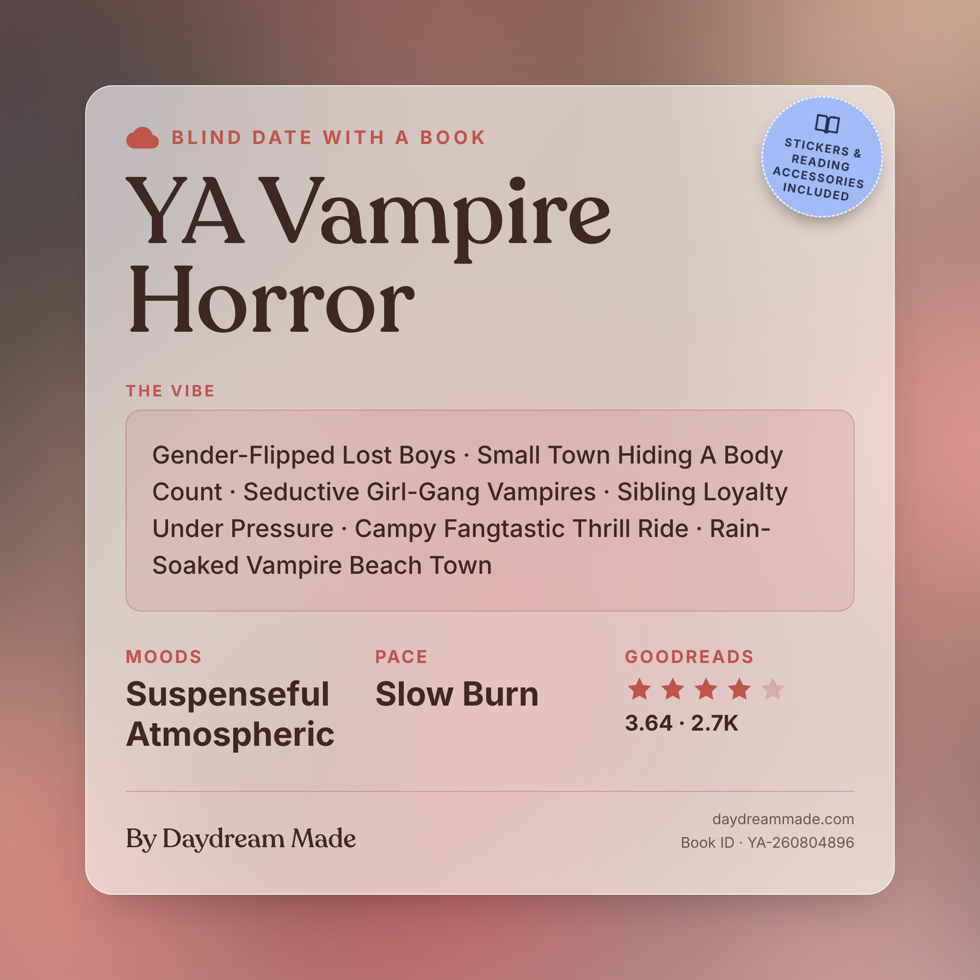 Blind Date With A Book that includes the following themes: YA Vampire Horror, Gender-Flipped Lost Boys, Small Town Hiding A Body Count, Seductive Girl-Gang Vampires, Sibling Loyalty Under Pressure, Campy Fangtastic Thrill Ride, Rain-Soaked Vampire Beach Town