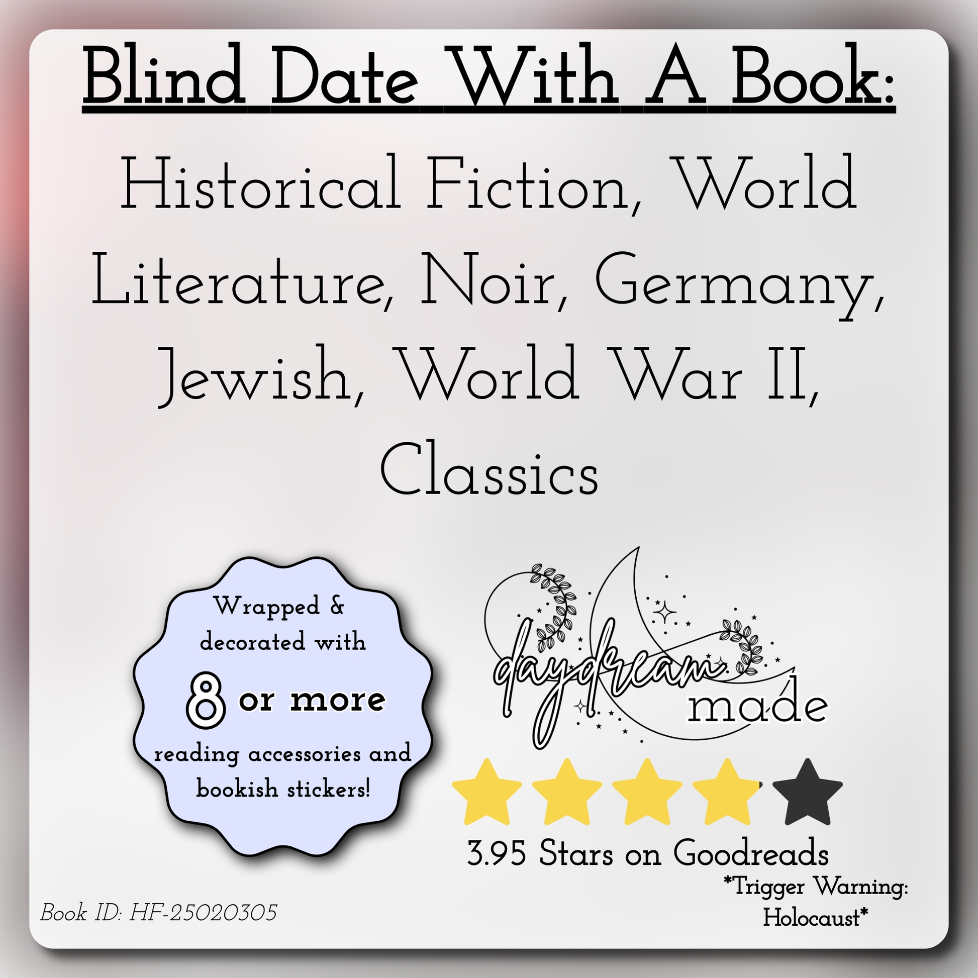 Blind Date With A Book that includes the following themes: Historical Fiction, World Literature, Noir, Germany, Jewish, World War II, Classics