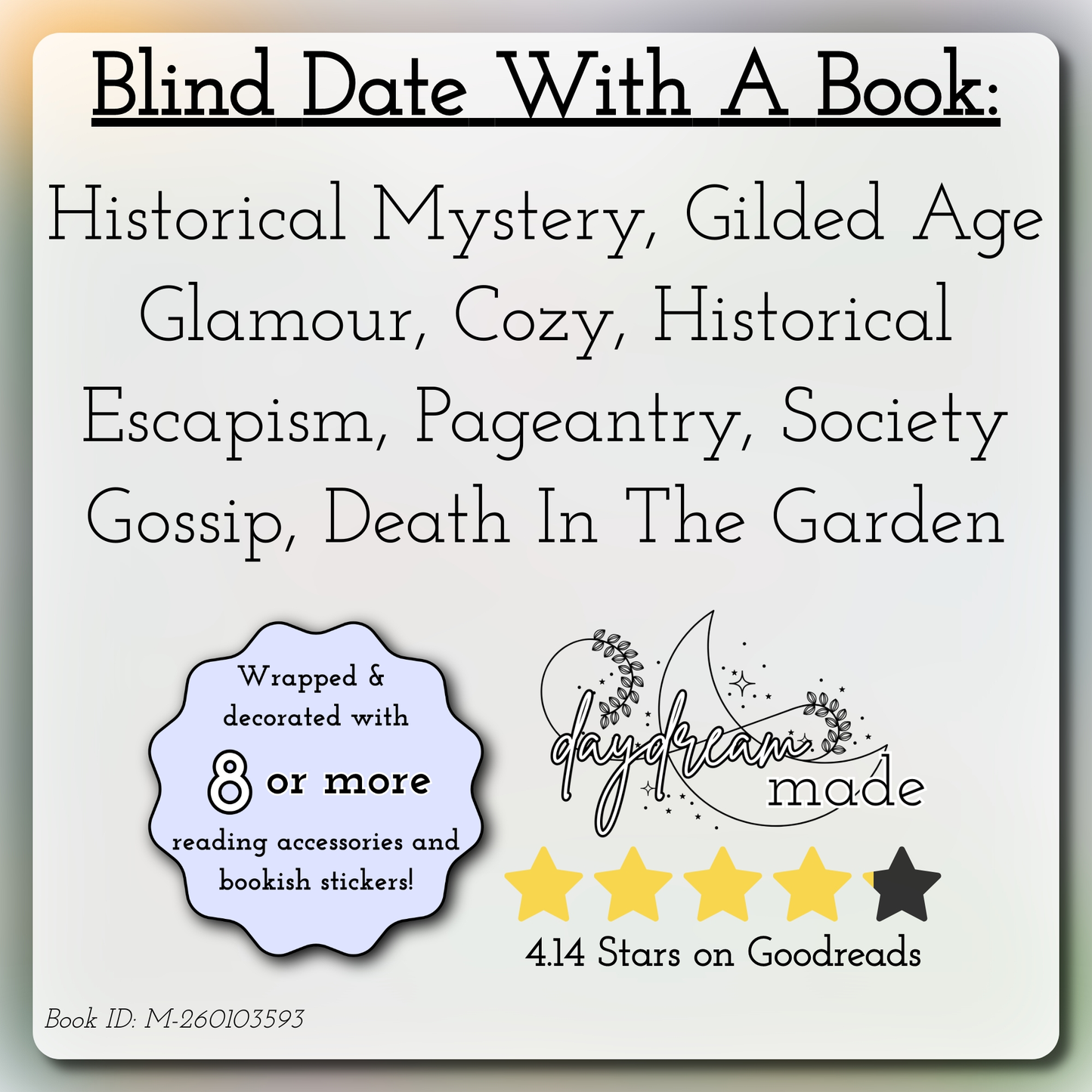 Blind Date With A Book that includes the following themes: Historical Mystery, Gilded Age Glamour, Cozy, Historical Escapism, Pageantry, Society Gossip, Death In The Garden