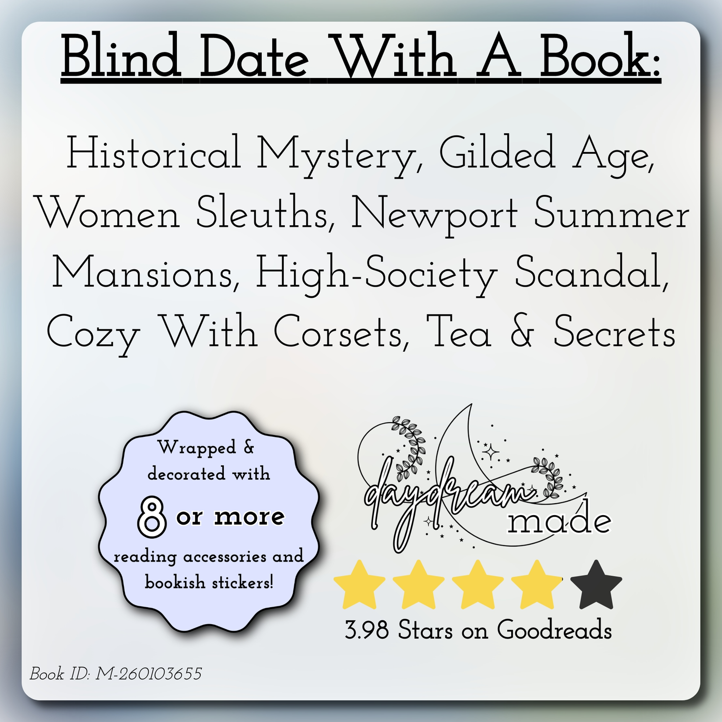 Blind Date With A Book that includes the following themes: Historical Mystery, Gilded Age, Women Sleuths, Newport Summer Mansions, High-Society Scandal, Cozy With Corsets, Tea & Secrets