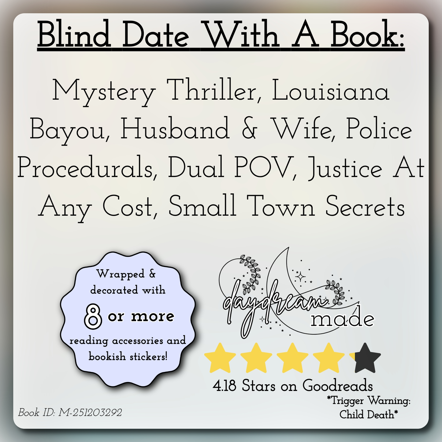 Blind Date With A Book that includes the following themes: Mystery Thriller, Louisiana Bayou, Husband & Wife, Police Procedurals, Dual POV, Justice At Any Cost, Small Town Secrets